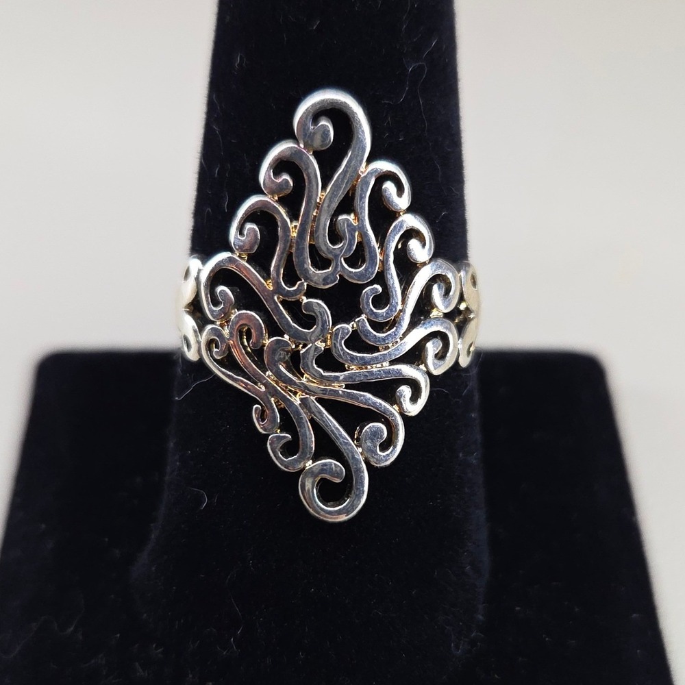Vintage Style Filigree Scroll Statement Ring Silver Tone Size 10 Openwork Shield